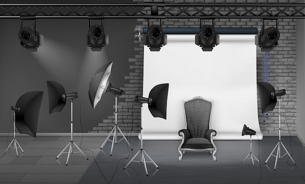 Free Vector photo studio interior with empty armchair, gray brick wall, white projector screen, spotlight