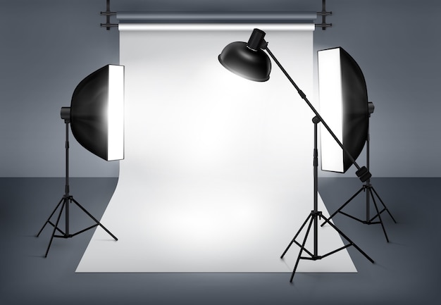 Free Vector photo studio with lighting equipment flash spotlight and softbox.