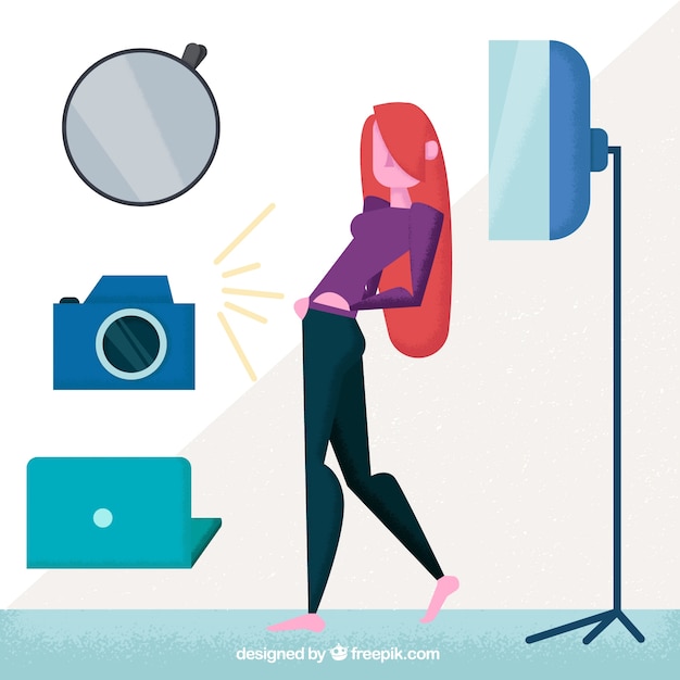 Free Vector photo studio with a model in flat design 