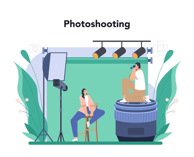 Photographer concept Professional photographer with camera taking pictures in a studio Event photography Isolated flat vector illustration