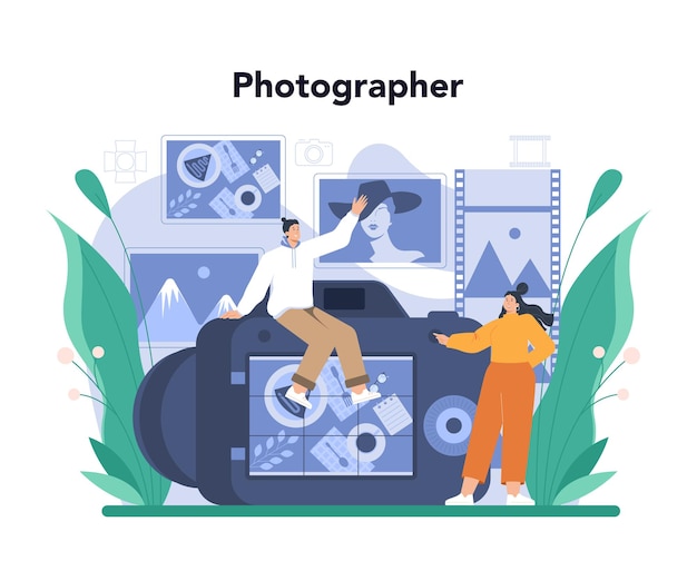 Photographer concept Professional photographer with camera taking pictures in a studio Event photography Isolated flat vector illustration