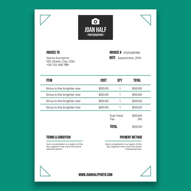 Photographer invoice template design