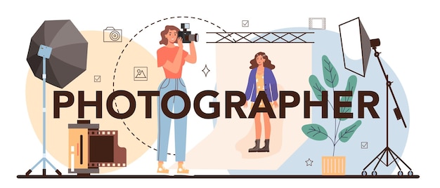 Free Vector photographer typographic header professional photographer with camera taking pictures in a studio artistic occupation and photography journalism isolated flat vector illustration