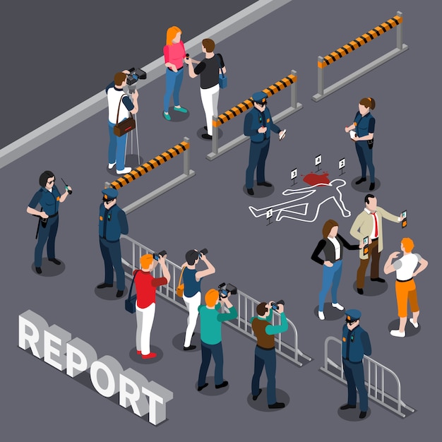 Free Vector photographer videographer isometric composition with roped-off area policemen and people near the scene of crime