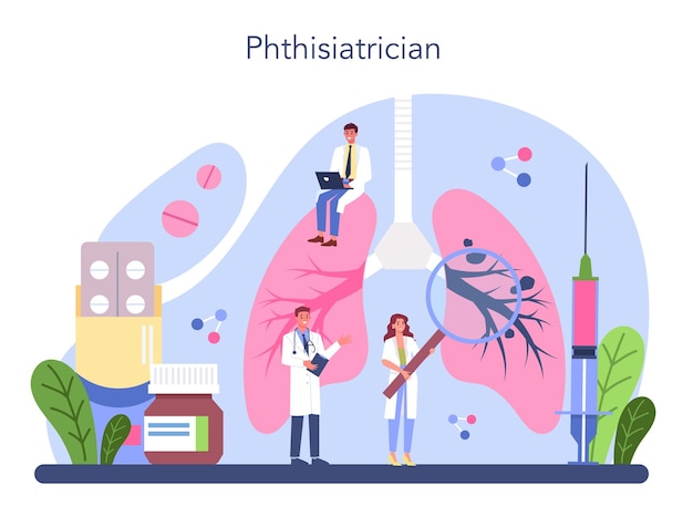 Free vector phthisiatrician concept doctor standing at big lungs and checking it with stethoscope healthy pulmonary system tuberculosis test and treatment isolated flat vector illustration