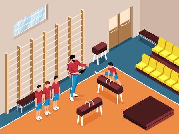 Free Vector physical education lesson at sport gym with male teacher and students doing exercises on pommel horse 3d isometric vector illustration