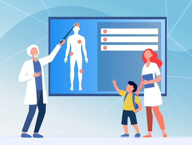 Physician explaining human anatomy to kid. Nurse, boy, body flat vector illustration. Medicine and education