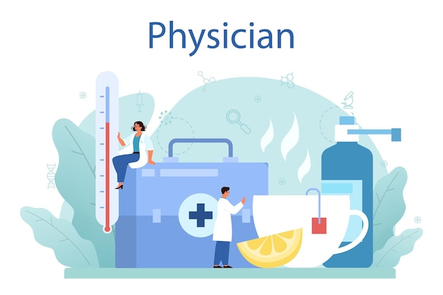 Physician or general healthcare doctor Idea of doctor caring about patient health Flu treatment and recovery Vector illustration in cartoon style