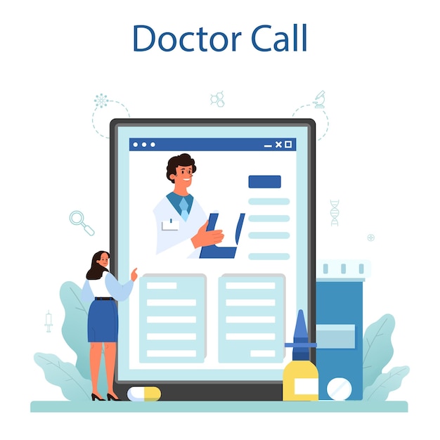 Physician or general healthcare doctor online service or platform Doctor caring about patient health Flu treatment Online call Vector flat illustration