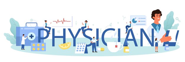 Physician or general healthcare doctor typographic header Idea of doctor caring about patient health Flu treatment and recovery Vector illustration in cartoon style