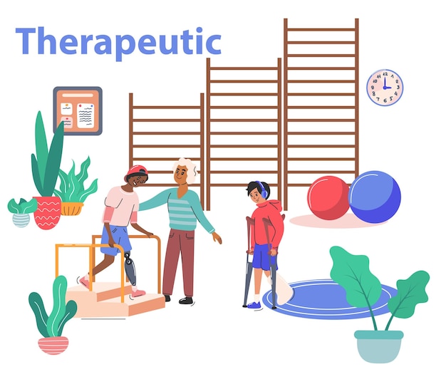 Physiotherapy and rehabilitation composition with therapeutic symbols flat vector illustration