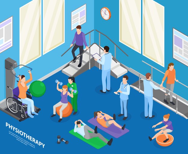 Physiotherapy rehabilitation facility clinic exercise hall speeding recovery physical activities with therapist session isometric composition illustration