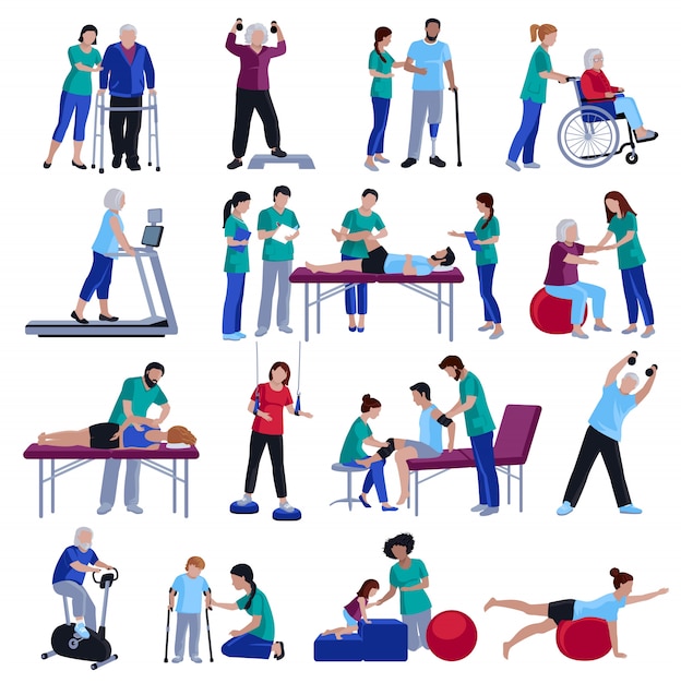 Physiotherapy Rehabilitation People Flat Icons Collection 