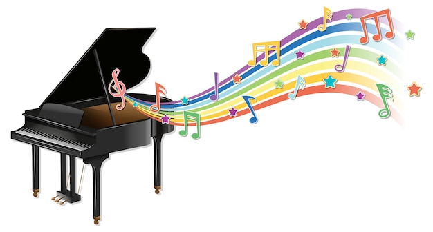 Free Vector piano with melody symbols on rainbow wave