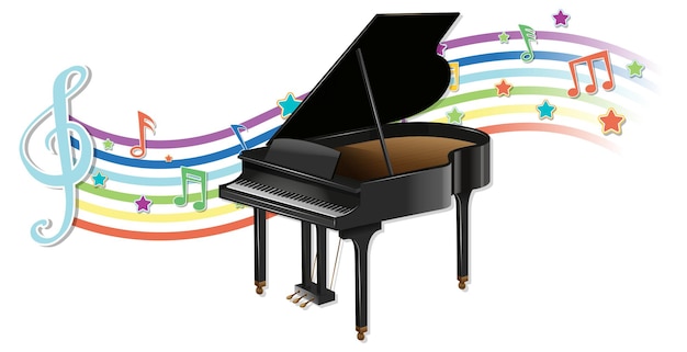 Free Vector piano with melody symbols on rainbow wave