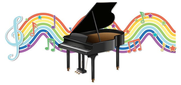 Free Vector piano with melody symbols on rainbow wave