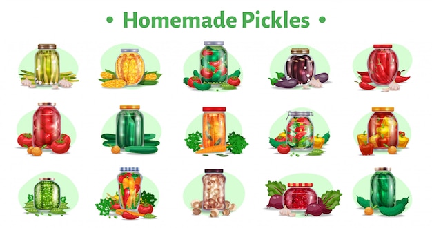 Free Vector pickles horizontal set of fifteen isolated images with marinated vegetables in glass jars with ripe fruits  illustration