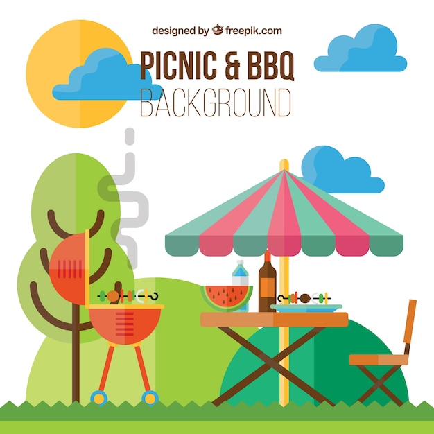 Picnic and barbecue background in flat design 