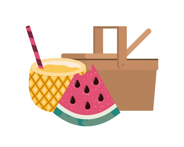 Picnic basket with pineapple cocktail on white 