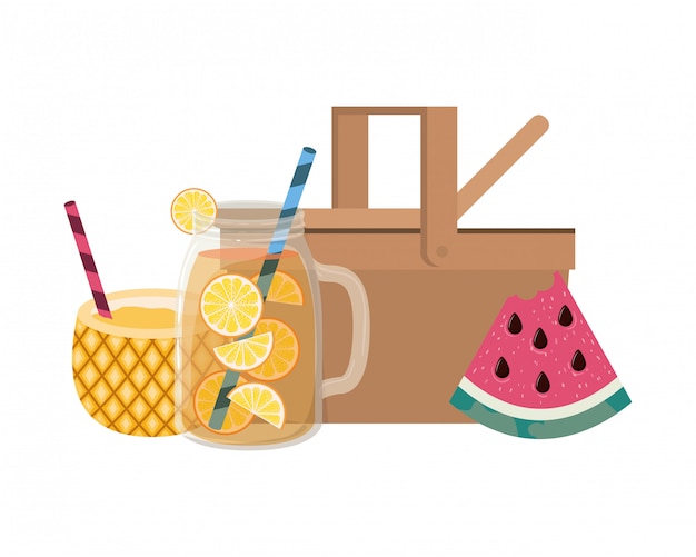 Picnic basket with pineapple cocktail on white 