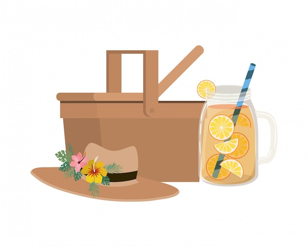 Picnic basket with refreshing drink for summer