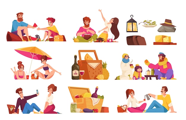 Free Vector picnic cartoon icons set with people eating food outdoors isolated vector illustration