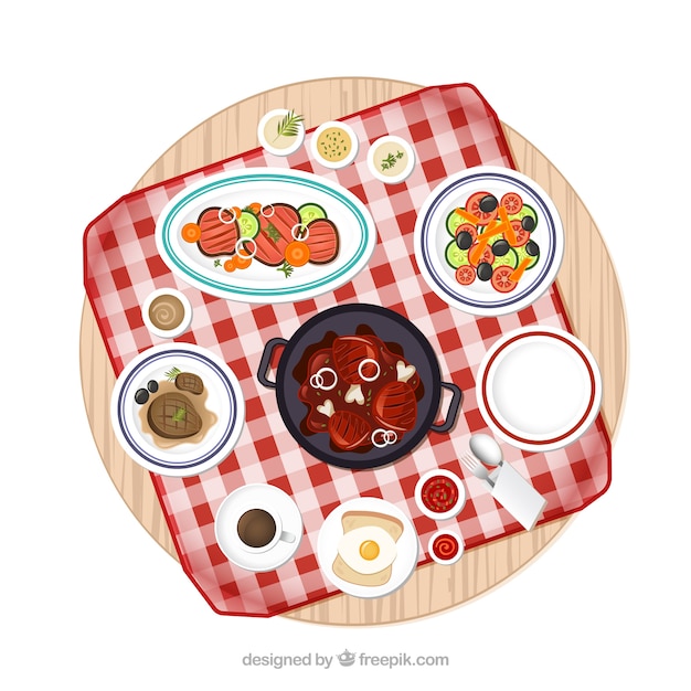 Picnic table with variety of food dishes