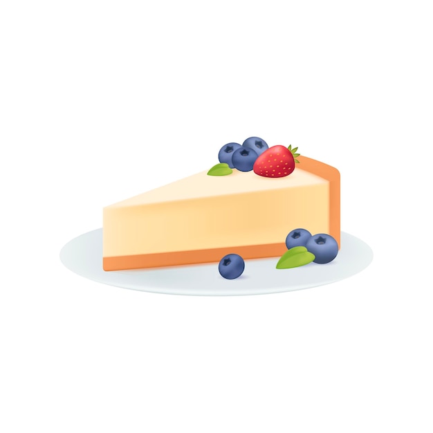 Piece of tasty cheesecake with blueberries 3D illustration. Cartoon drawing of sweet snack, piece of cake with berries on plate in 3D style on white background. Celebration, food, dessert concept