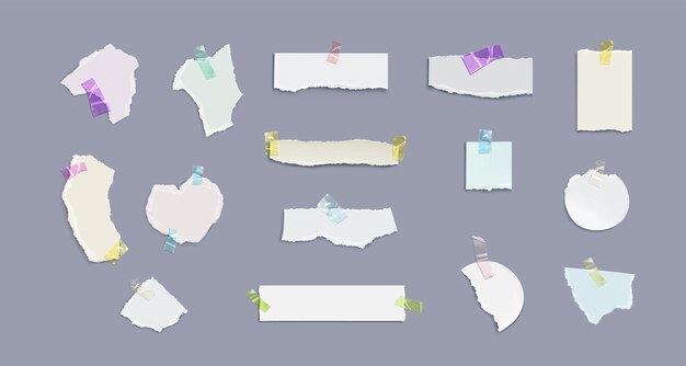 Pieces of paper with torn edges attached with adhesive tape Realistic vector illustration set of cut collage cardboard of different shapes with teared borders Sticky blank ragged and ripped sheets