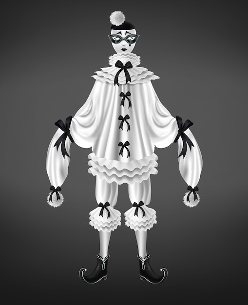 Free Vector pierrot white costume with black bows and pompoms on long sleeves