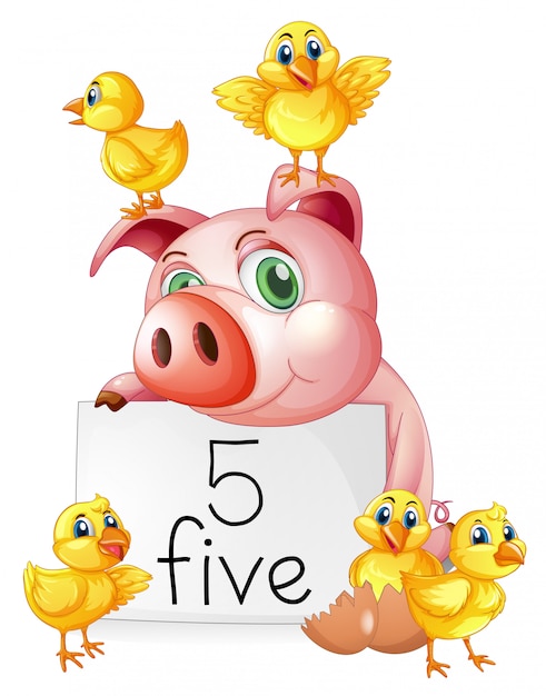 Pig and five little chicks