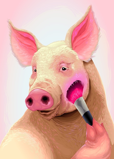 Free Vector pig is applying the blush on her cheek