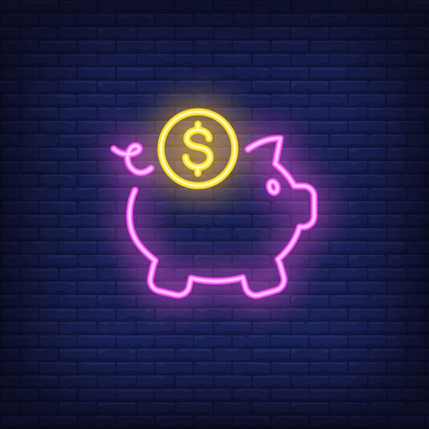 Piggy bank with dollar coin. Neon sign element. Night bright advertisement