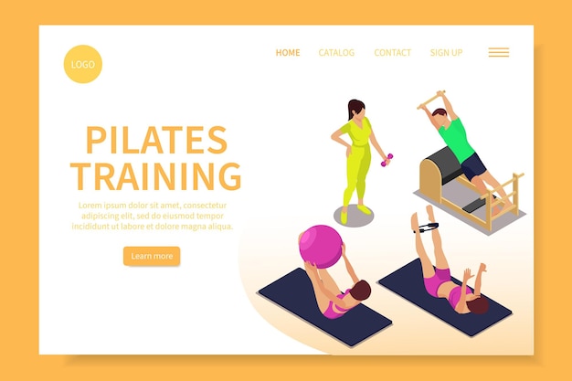 Free Vector pilates isometric web site landing page with human characters clickable links buttons logo and editable text vector illustration