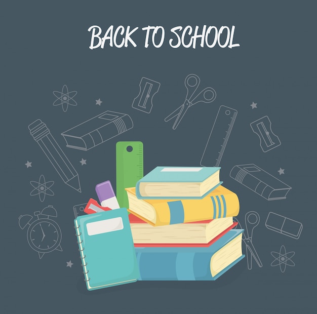 Pile books and supplies back to school