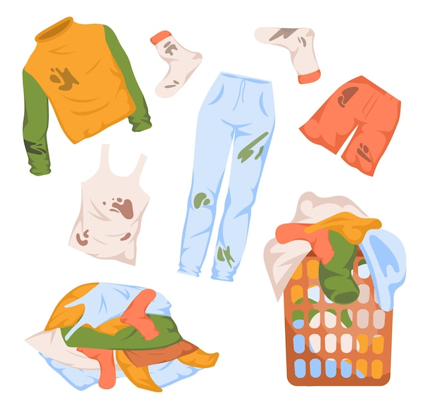 Free vector piles of clean and dirty clothes illustration set. mud and dirt on jeans, socks, tshirt, shorts and sweater