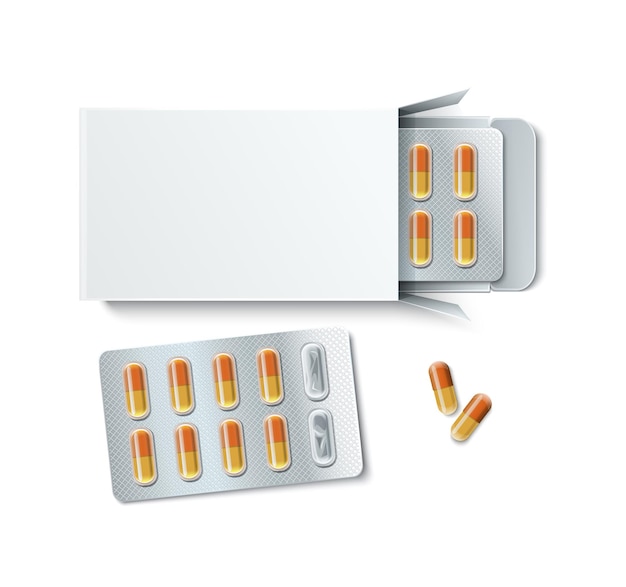 Free Vector pills tablets capsules blister realistic composition full pack blisters separately and a few pills next to each other illustration