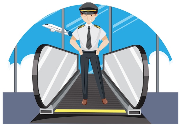 Free Vector pilot on moving walkway at airport