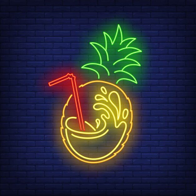 Pineapple fruit with juice splash and straw neon sign