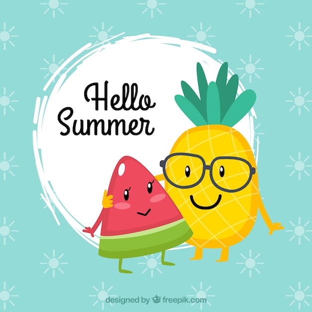 Free Vector pineapple and watermelon background wishing a happy summer