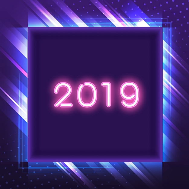 Pink 2019 in a blue square neon sign 