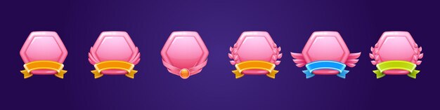 Pink award badges for win in game Vector cartoon glossy hexagon icons with golden ribbons gem feathers and leaves Shiny plastic buttons of trophy or prize for best place isolated on background