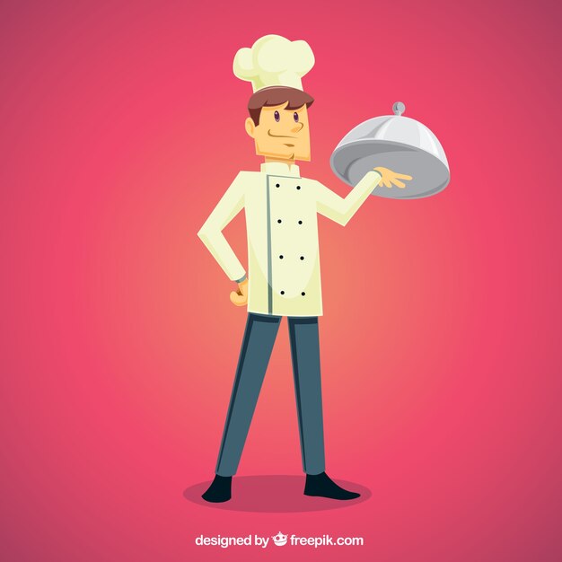 Pink background with proud cook holding a tray