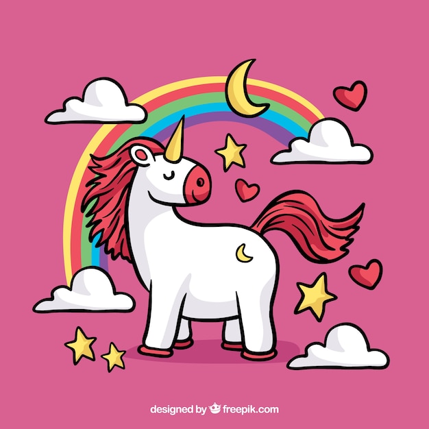 Free Vector pink background with unicorn and rainbow