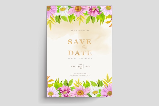 Free Vector pink daisy floral watercolor invitation card set