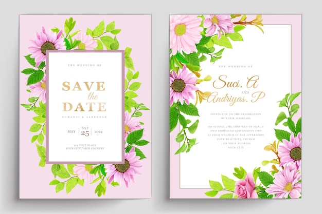 pink floral with greenery leaves wedding invitation card