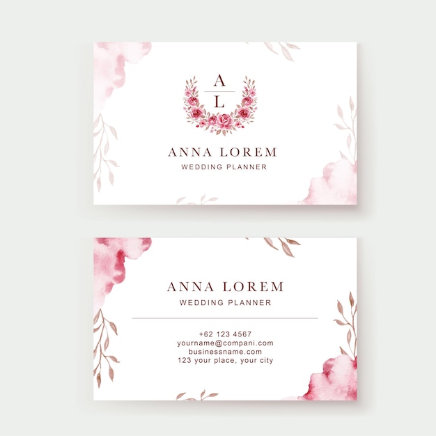 Free vector pink flower watercolor business card template