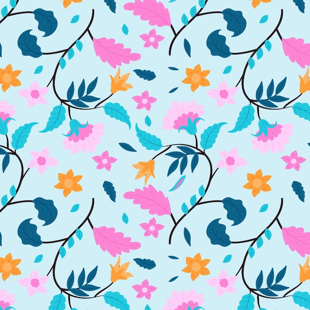 Pink flowers and blue leaves floral pattern