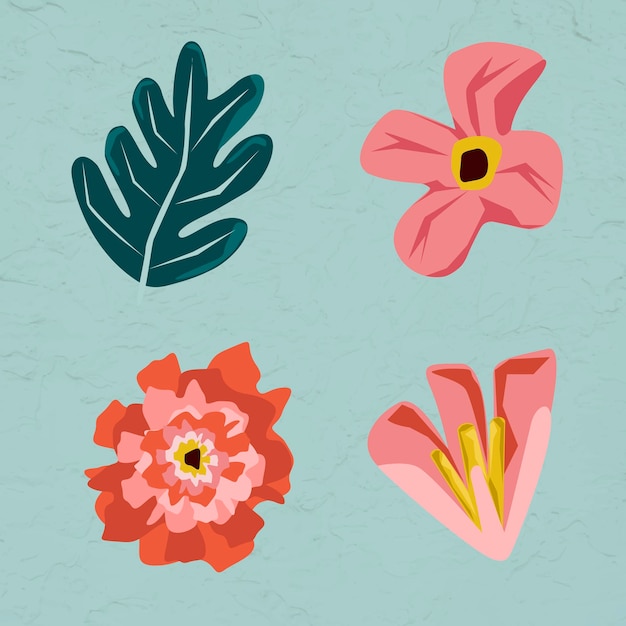 Pink flowers and leaves element set on a green background 