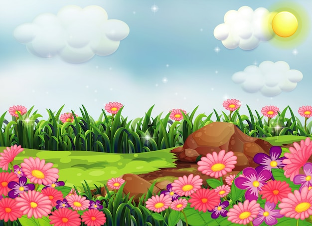 Free Vector pink flowers in nature scene with the sky